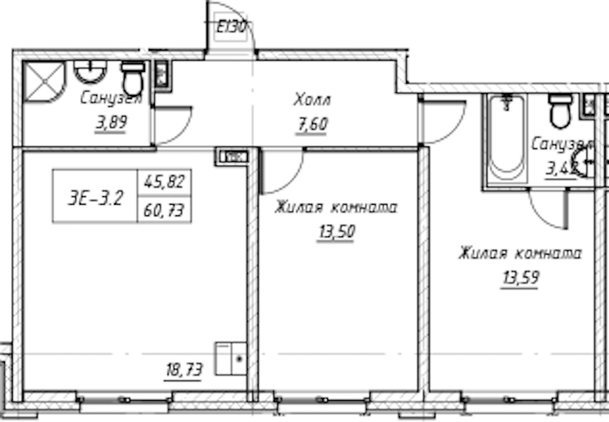 2-комнатная квартира 60.73 м², 2/14 эт., Комплекс апартаментов «Zoom на Неве»
